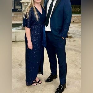 Ricarica Navy Sequin Dress with Satin Belt